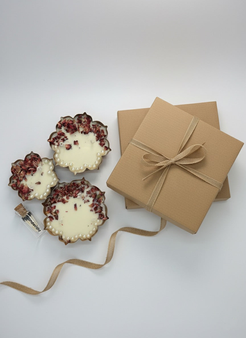 Dried Rose Urli Gift Set of 3 – Rose Fragrance Lotus Urli with Soy Wax Scented Candles