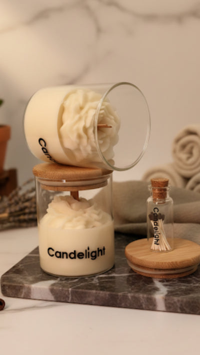Peony Scented Borosil Glass Jar Candle with Wooden Wick – Luxury Rose Fragrance Soy Wax Candle