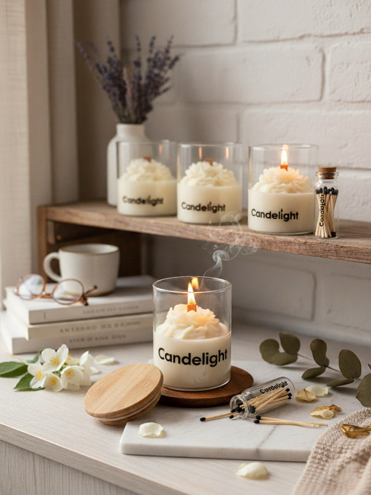 Peony Scented Borosil Glass Jar Candle with Wooden Wick – Luxury Rose Fragrance Soy Wax Candle