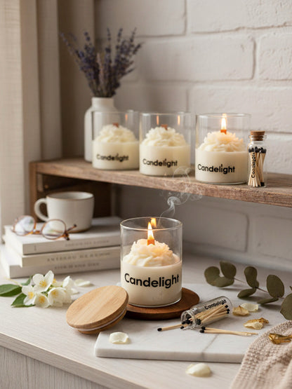 Peony Scented Borosil Glass Jar Candle with Wooden Wick – Luxury Rose Fragrance Soy Wax Candle