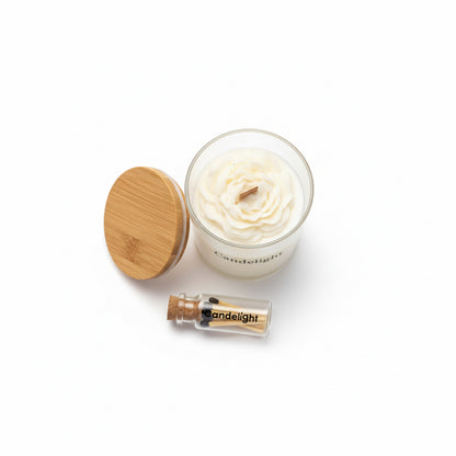 Peony Scented Borosil Glass Jar Candle with Wooden Wick – Luxury Rose Fragrance Soy Wax Candle